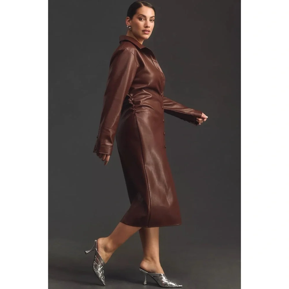by Anthropologie Fuax Leather Midi Shirt Dress In Brown Size 1X Plus Size